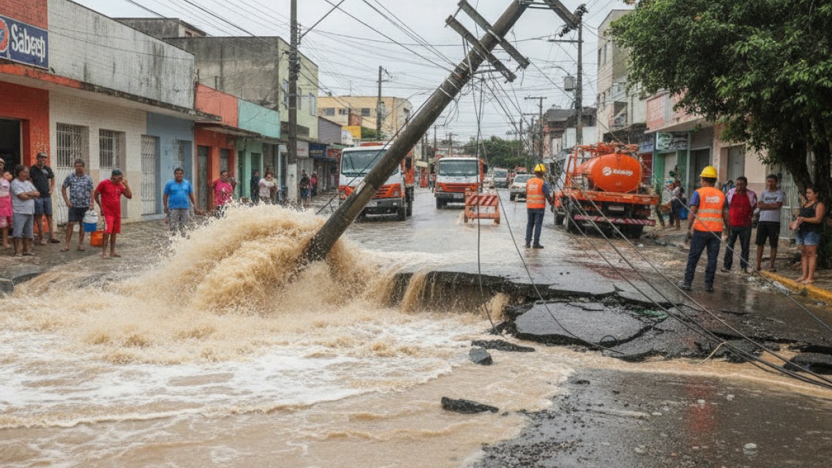 Imagem ilustrativa da notícia: Rompimento de adutora causa interrupção no abastecimento de água e derruba poste em Guarulhos