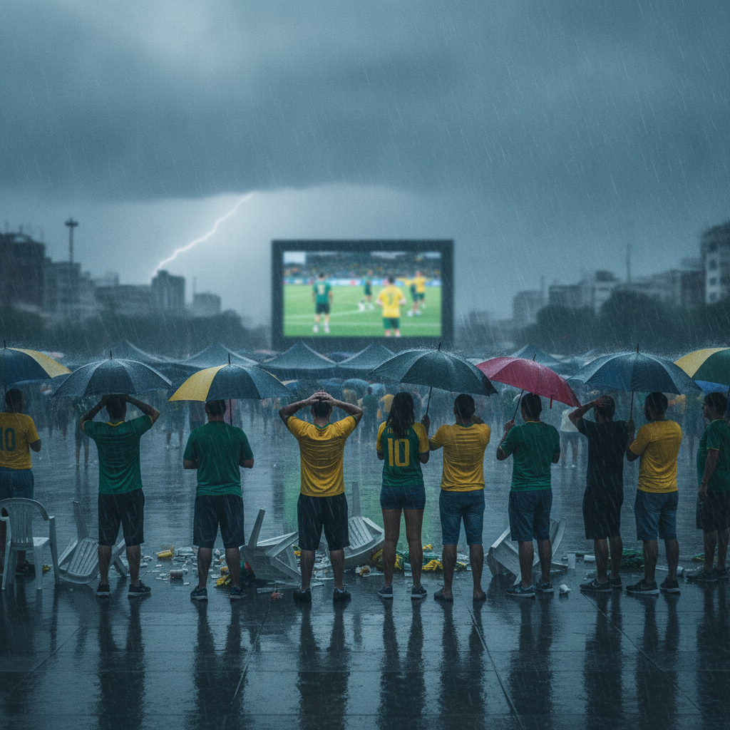 Torcedores assistindo a um jogo de futebol em um telão em um dia chuvoso.