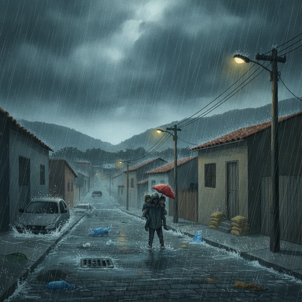 Céu nublado com gotas de chuva sobre uma cidade.