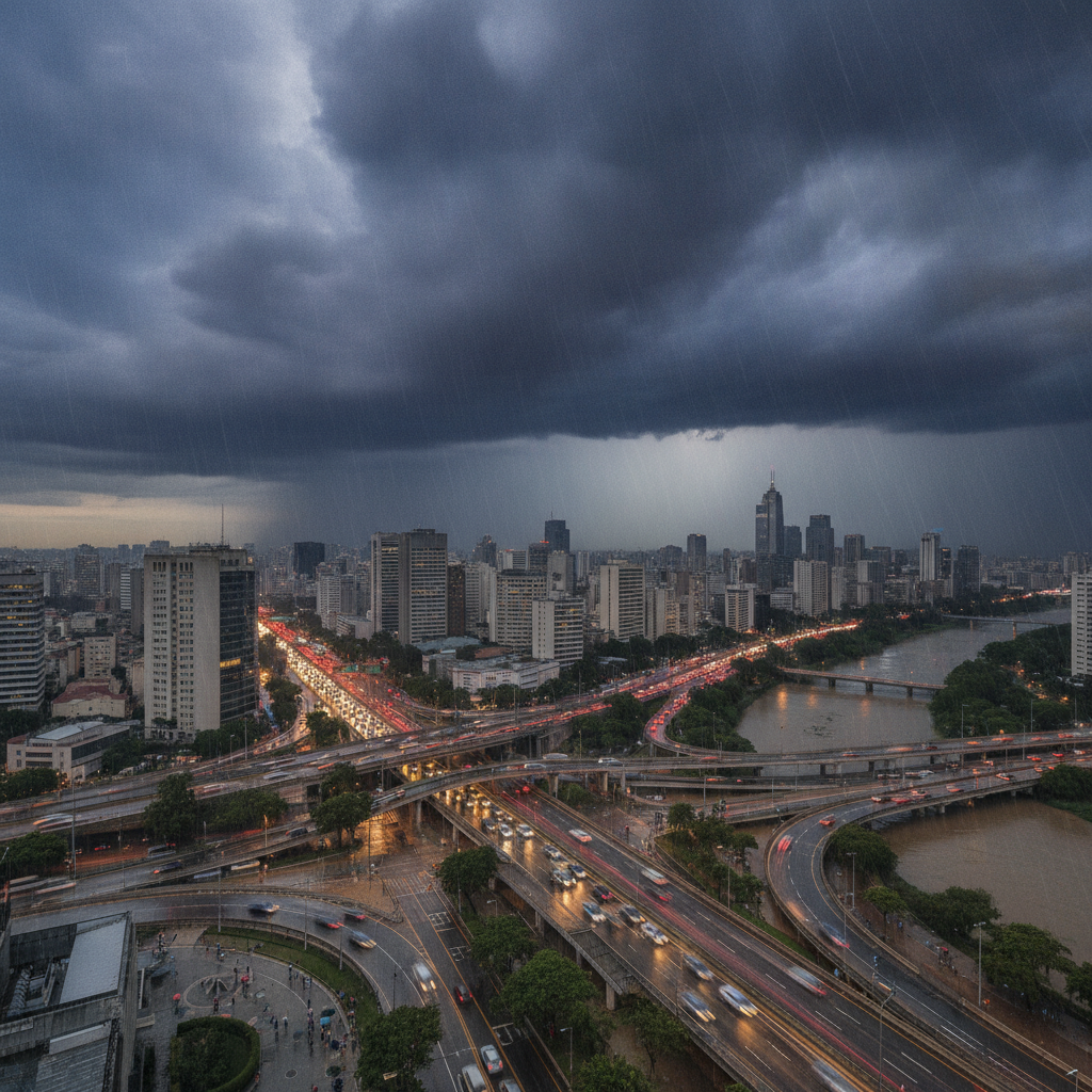 Céu nublado com nuvens carregadas sobre a cidade de São Paulo.