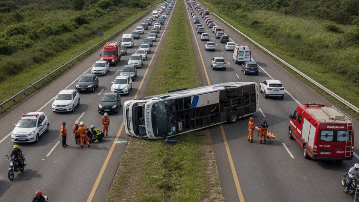 Imagem ilustrativa da notícia: Ônibus Capota na Dutra em Santa Isabel (SP): Um Morto e Vários Feridos